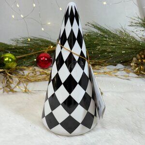 BECKI OWENS Black White Checkered ArgyleCeramic Holiday Christmas Cone 8" New